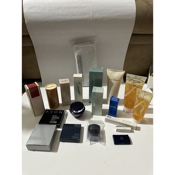 Lot 19 AVON Beauty Items, Perfumes Lotion, Anew, Talc, Makeup, Shower Gel Etc..